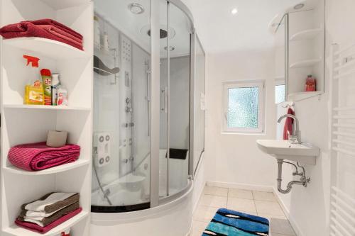 a bathroom with a shower and a sink at Ferienwohnung Weyres in Fleckeby