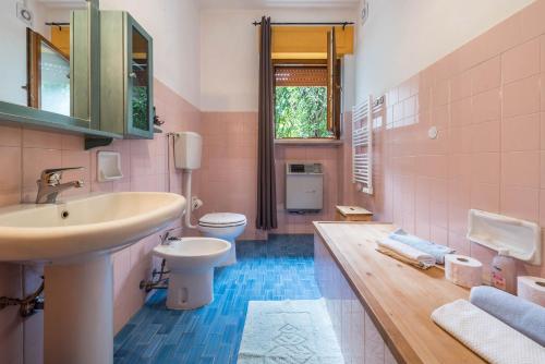 a pink bathroom with a sink and a toilet at App Oleandro Casa Demonti in Tignale