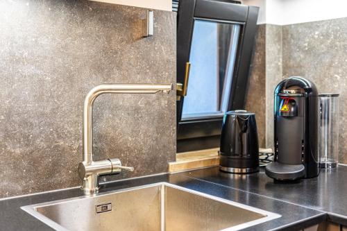a kitchen sink with a faucet on a counter at Residence Skutial App Santner in Castelrotto