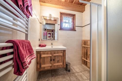 a bathroom with a sink and a mirror at la ferme de la Vora in Châtel