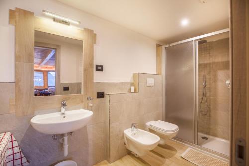 a bathroom with a sink and a toilet and a shower at Chalet Osmar Appartamento 2 in Campitello di Fassa