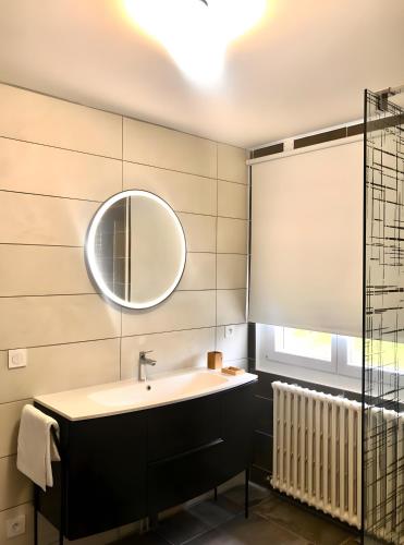 a bathroom with a sink and a mirror at Gite Fleur De Miel in Saffloz