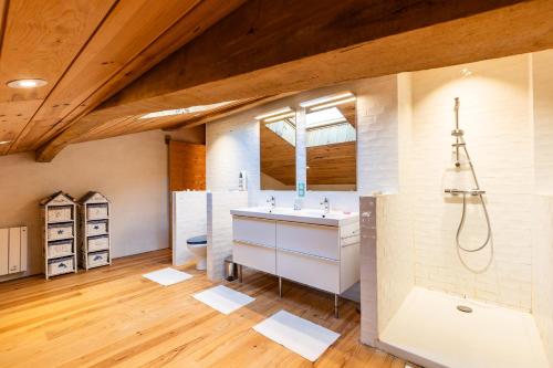 a bathroom with a sink and a shower at Le Basque - Bazas in Bazas