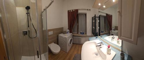 a bathroom with two sinks and a shower and a toilet at La Locanda dei Nonni in Pozza di Fassa