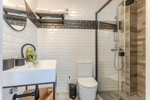 a bathroom with a toilet and a sink and a shower at Camarón Suite in Granada