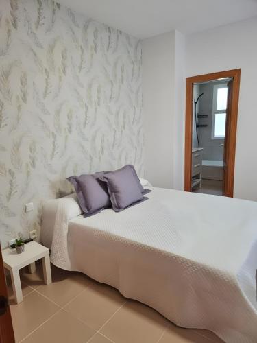 a bedroom with a bed with two purple pillows at Apartamento Rincón La Ballena in Rota