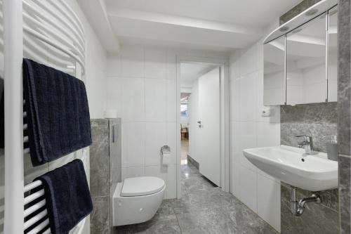 a white bathroom with a toilet and a sink at Ferienwohnung Tiefer Garten in Itzehoe