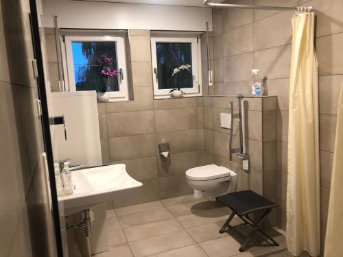 a bathroom with a sink and a toilet and two windows at Ferienwohnung Mi Ka mit Garten in Limburg an der Lahn