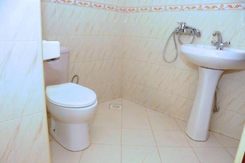 a bathroom with a toilet and a sink at Palace Hotel in Mbarara