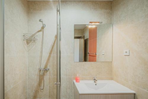 a bathroom with a shower and a sink and a mirror at El Cauce in Navaluenga