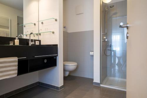 a bathroom with a toilet and a sink and a shower at Ferienhaus Jümmers - Jomtje in Horumersiel