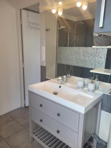 a bathroom with a white sink and a mirror at Le Gîte du Chauze in Meyssac