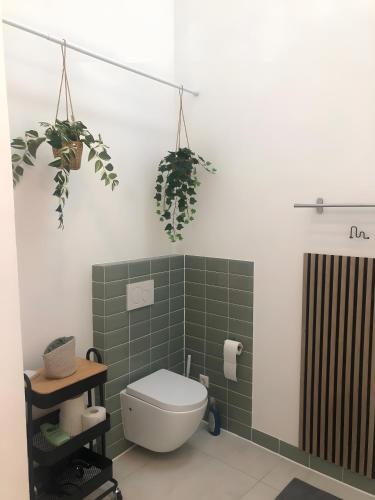 a bathroom with a toilet and green tiles at moselquartier terlinden- Loft in Perl