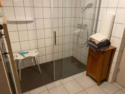 a shower with a glass door and a table in a bathroom at Ferienhaus Winter in Blaibach