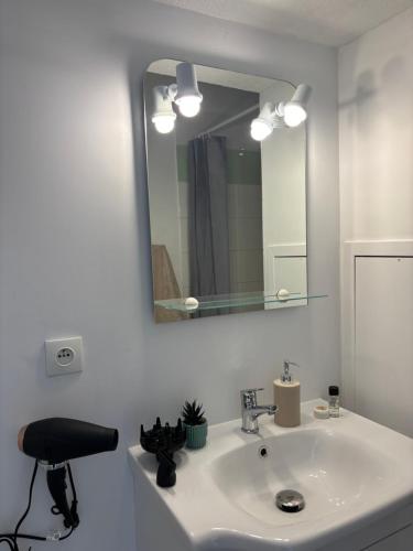 a bathroom with a sink and a mirror and a stool at La nuit Douce in Annemasse