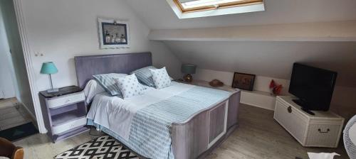 a bedroom with a bed and a flat screen tv at Les Chambres De Martine Et Guy - in Sermaise