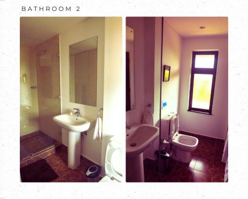 two pictures of a bathroom with a sink and a toilet at Ol Pejeta Villa in Nanyuki