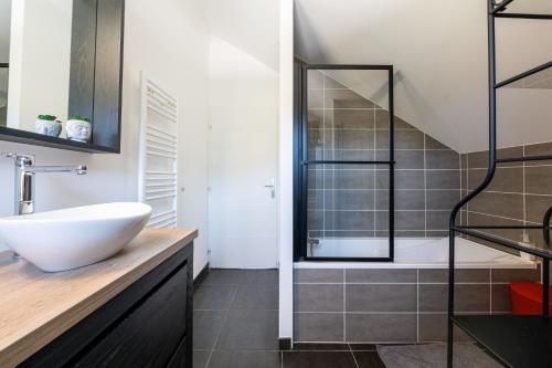 a bathroom with a sink and a shower at Maison neuve proche lac d'Annecy in Saint-Jorioz