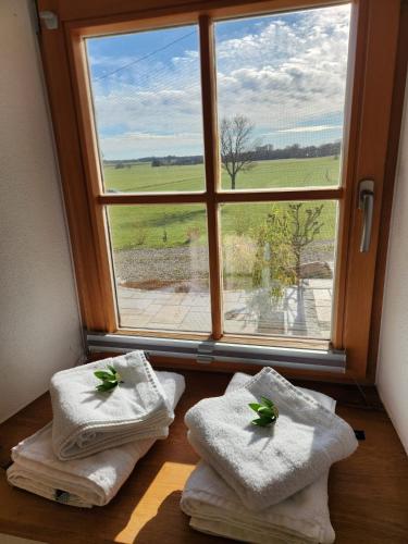a window with towels in a room with a view at Ferienwohnung Polsing 19 in Palling