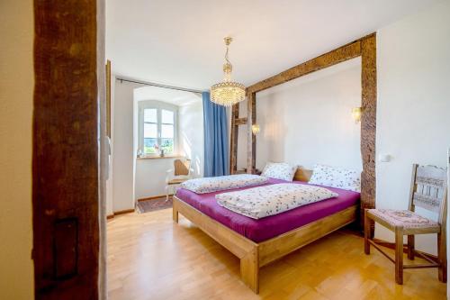 a bedroom with a bed with a large mirror at Ferienwohnung Schatztruhe in Maring-Noviand