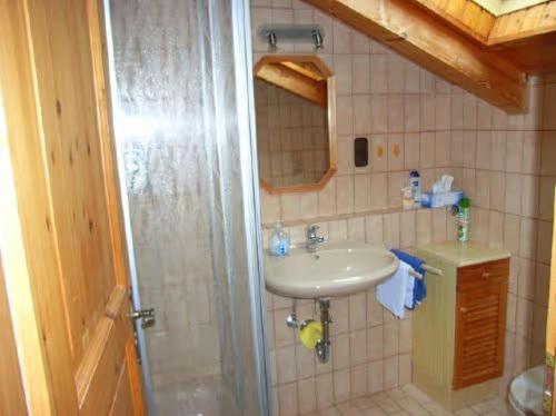 a bathroom with a sink and a shower at Ferienwohnung Kramerblick in Grainau