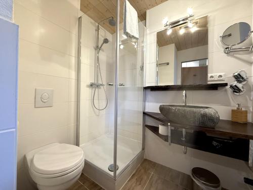 a bathroom with a shower and a toilet and a sink at Zirbenstüberl - Chiemgau Karte in Inzell