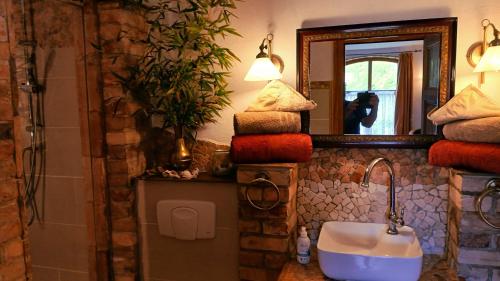 a bathroom with a sink and a mirror and towels at Ferienwohnung Sophienhof in Loitz
