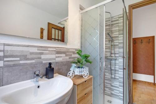 a bathroom with a sink and a shower at Maison Le Cré Appartamento 4 in Introd