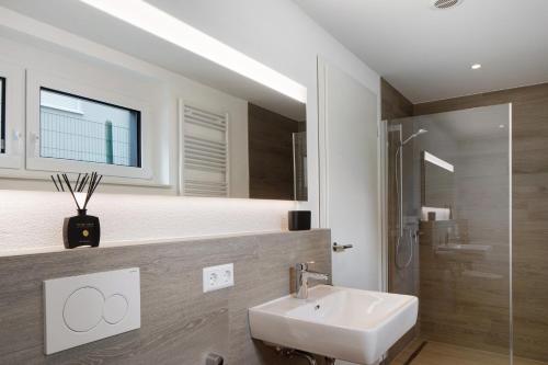 a white bathroom with a sink and a shower at Schönes Apartment am Kaiserstuhl in Bahlingen