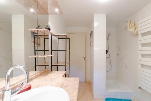 a white bathroom with a sink and a shower at Moulin au coeur de la nature in Thonac