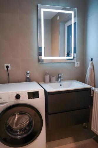 a bathroom with a washing machine and a sink at Ferienwohnung in Pfullendorf