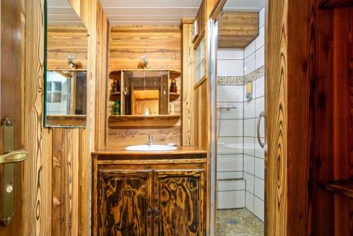a bathroom with a sink and a mirror at Chalet Lou Murgis in Saint-Sorlin-dʼArves