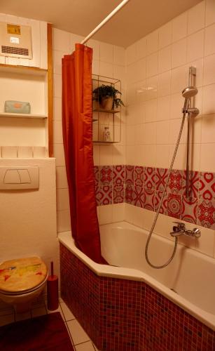 a bathroom with a tub and a red shower curtain at Inselgasse in Konstanz