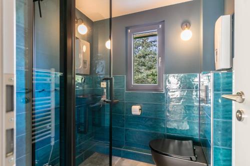 a bathroom with a glass shower and a toilet at Ferienwohnung 250m zum Grimnitzsee in Joachimsthal