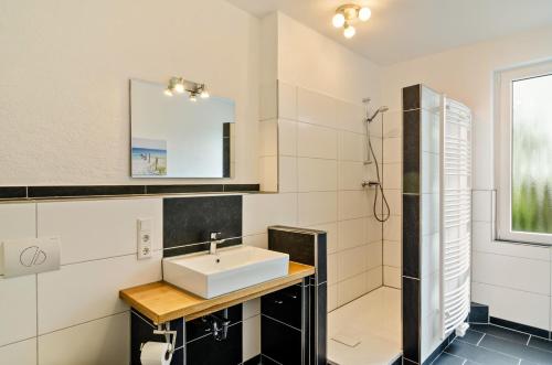 a bathroom with a sink and a shower at Seehund in Stedesdorf