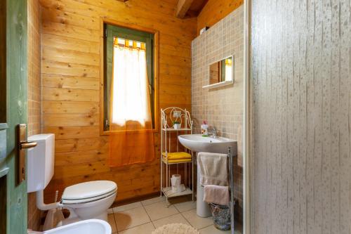 a bathroom with a toilet and a sink at Villaggio Anemone Chalet Fragolina in Capanne di Sillano
