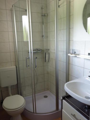 a bathroom with a shower and a toilet and a sink at Seeblick Ferienbungalow in Leezen