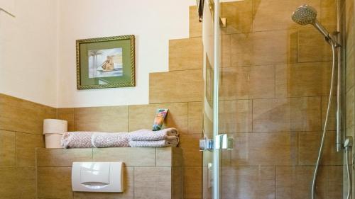 a bathroom with a shower with a glass door at Schwarzwaldliebe in Lenzkirch