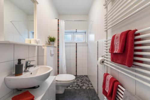 a white bathroom with a sink and a toilet at Alte Schule Pahlkrug in Linden