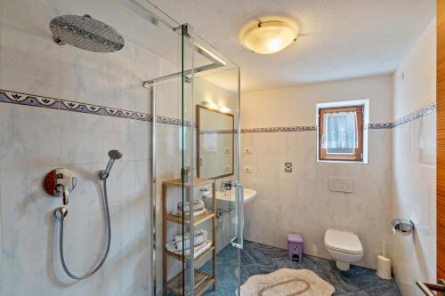 a bathroom with a shower and a toilet at Stöcklhuberhof in Vandoies