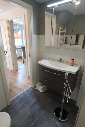 ein Badezimmer mit Waschbecken und Spiegel in der Unterkunft Bei Heike in Zetel