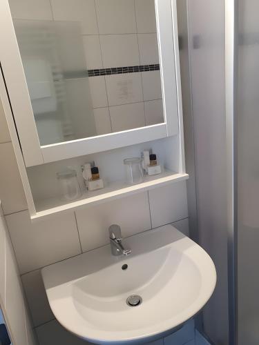 a bathroom with a white sink and a mirror at Hotel Sonnenhof in Illertissen