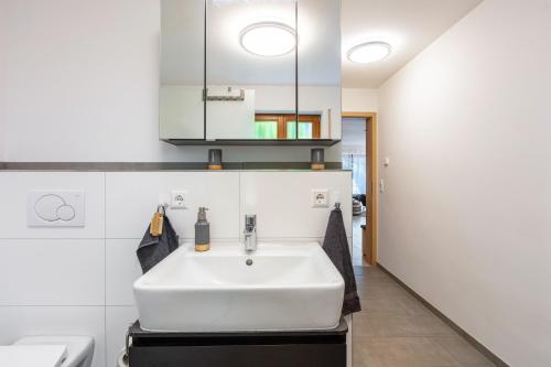 a bathroom with a white sink and a mirror at Ferienwohnung Sonnenberg in Degerfelden