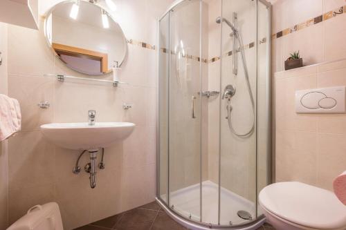a bathroom with a shower and a sink and a toilet at Niederkoflhof Durreck in Cadipietra