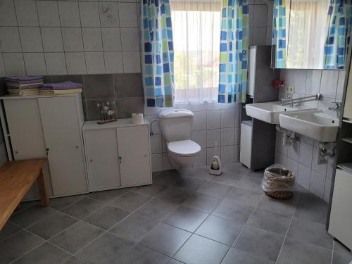 a bathroom with a toilet and a sink at Ferienwohnung bei Helga in Tittmoning