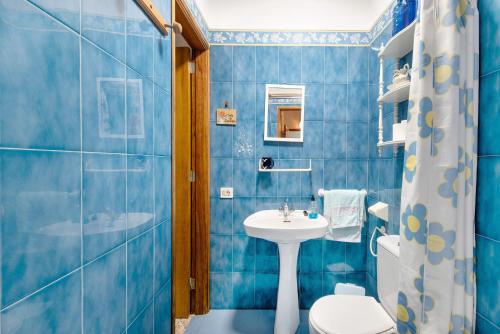 a blue bathroom with a sink and a toilet at Casa Maria Cosme in Los Realejos
