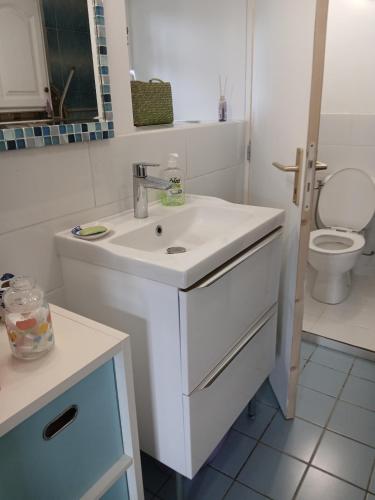 a white bathroom with a sink and a toilet at Maison de campagne in Séneujols