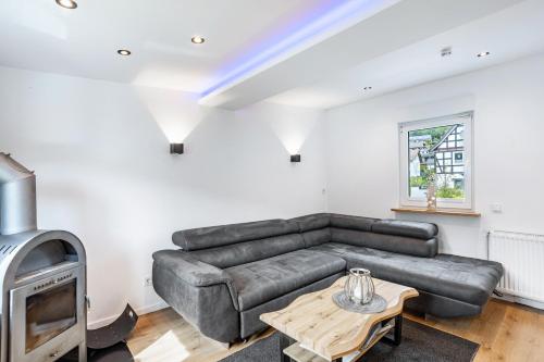 a living room with a leather couch and a tv at Ferienwohnung Kurparkblicksauerland in Lennestadt
