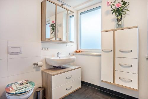 a bathroom with a sink and a toilet at Ferienwohnung am Kappenturm in Hayingen