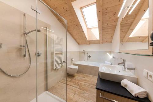 a bathroom with a shower and a sink and a toilet at Natur Suite Edelweisshof App Tony in Chiusa